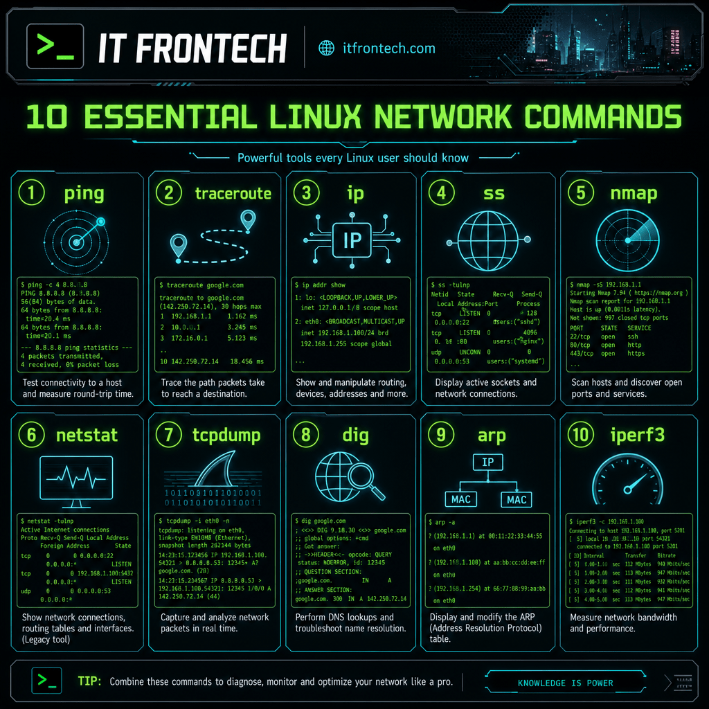 Infografía 10 comandos Linux red