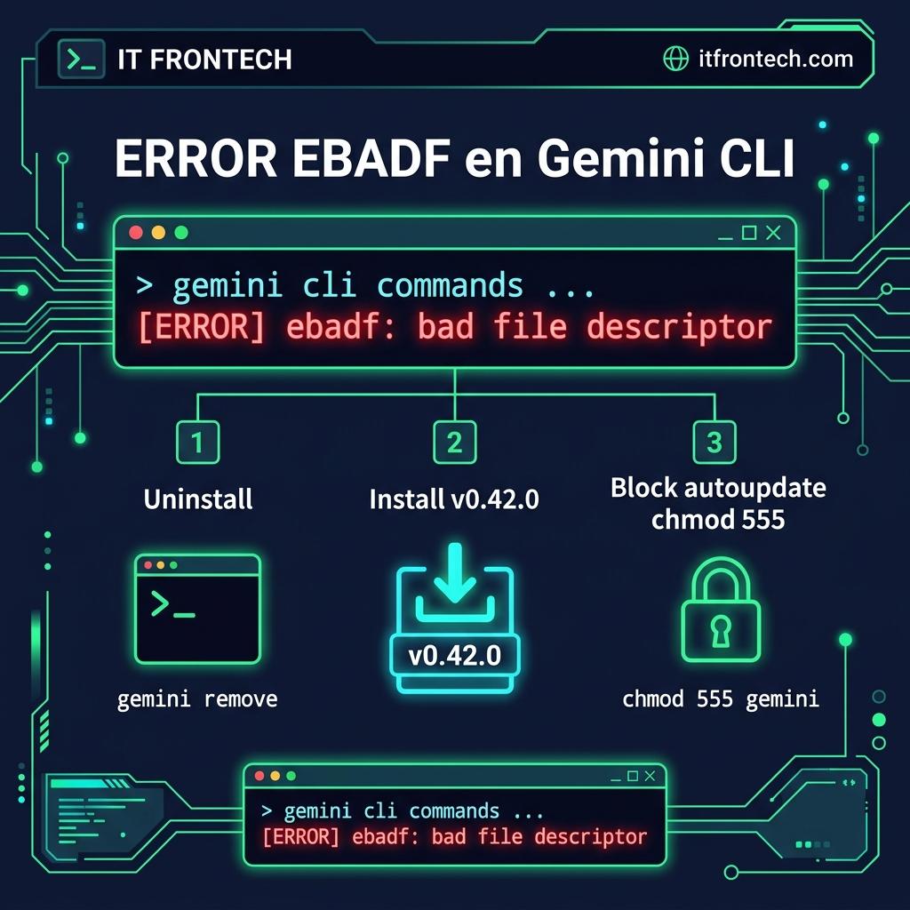 Infografía solución error EBADF Gemini CLI
