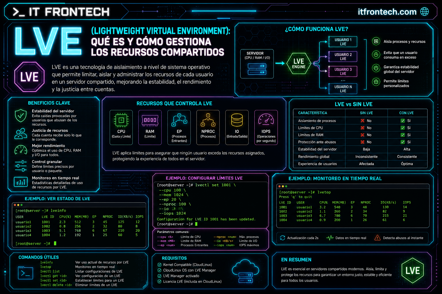Infografía LVE (Lightweight Virtual Environment): Qué es y cómo gestiona los recursos compartidos